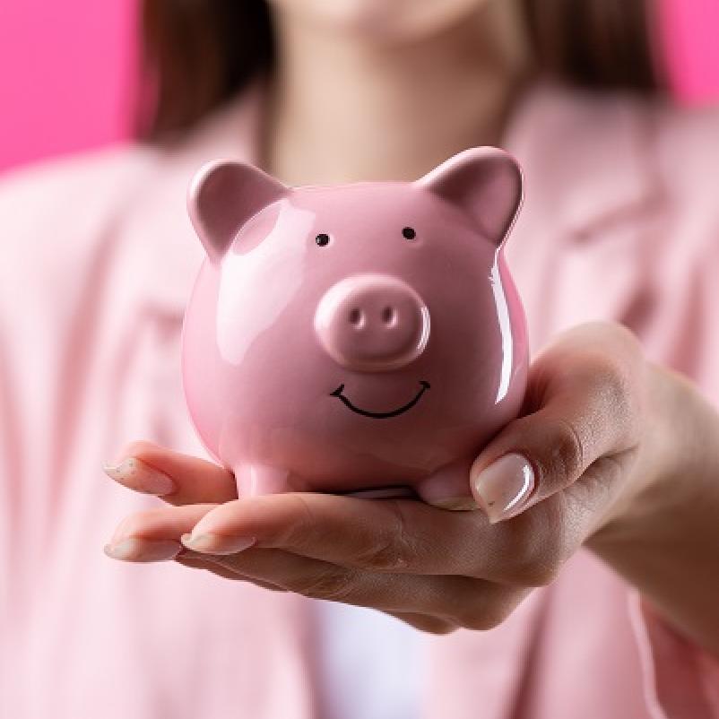 Roze spaarvarken op hand