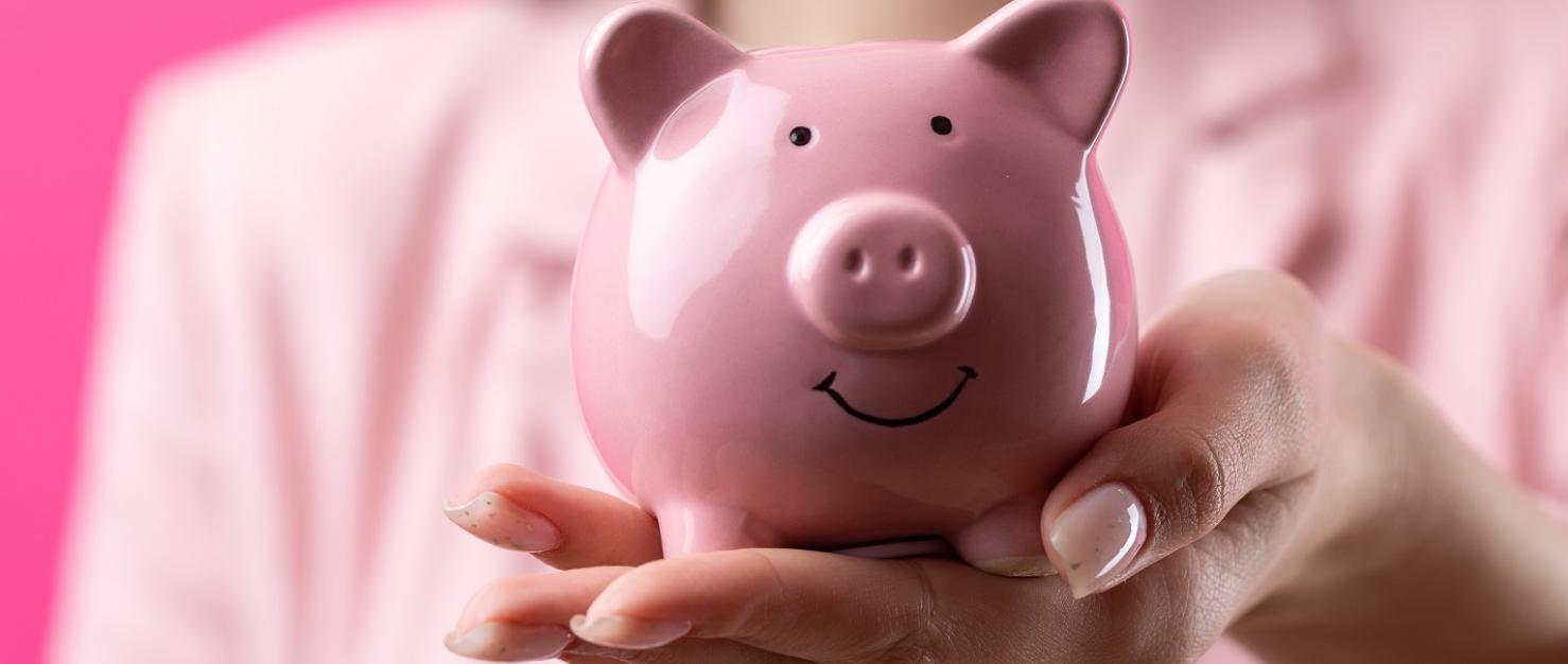 Roze spaarvarken op hand